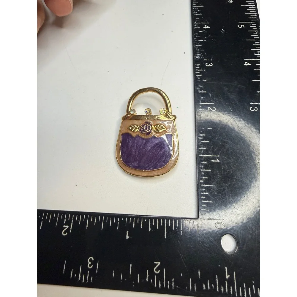 Gold Tone Purple Enamel Handbag Brooch Rose Rhinestone Purse Pin Accessory